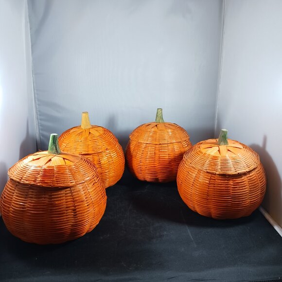 Vintage Wicker Pumpkins Candy Storage Set of 4 - Picture 2 of 10